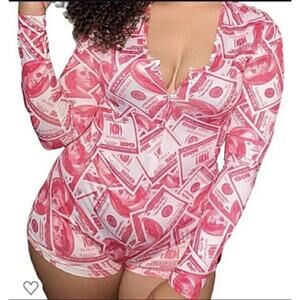 Sexy Pink Money Print Romper Bodysuit Women’s XL Club Party Stretch Bodycon